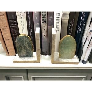 Anthropologie Sliced Bookends Green gold marbled Crystal heavy Beautiful Classy